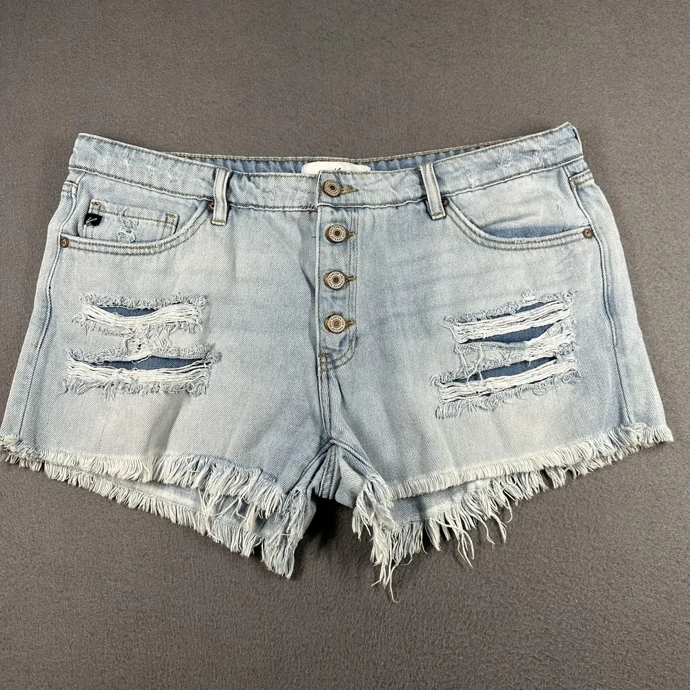 KanCan‎ Shorts Juniors 13/30 Blue Distressed Button Fly Denim Cutoff Raw Hem